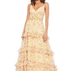 Mac Duggal Yellow Floral Tiered Ruffle Gown